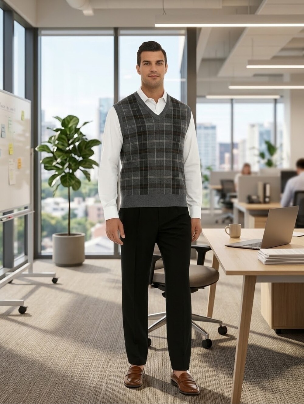 Brooks Brothers 346 100% Lambswool Blue Plaid Sweater Vest Mens Large V-Neck